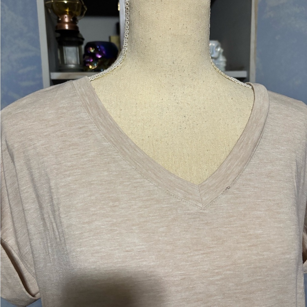 Women's V-Neck Short Sleeve Sleep Shirt - Beige - Picture 3 of 9